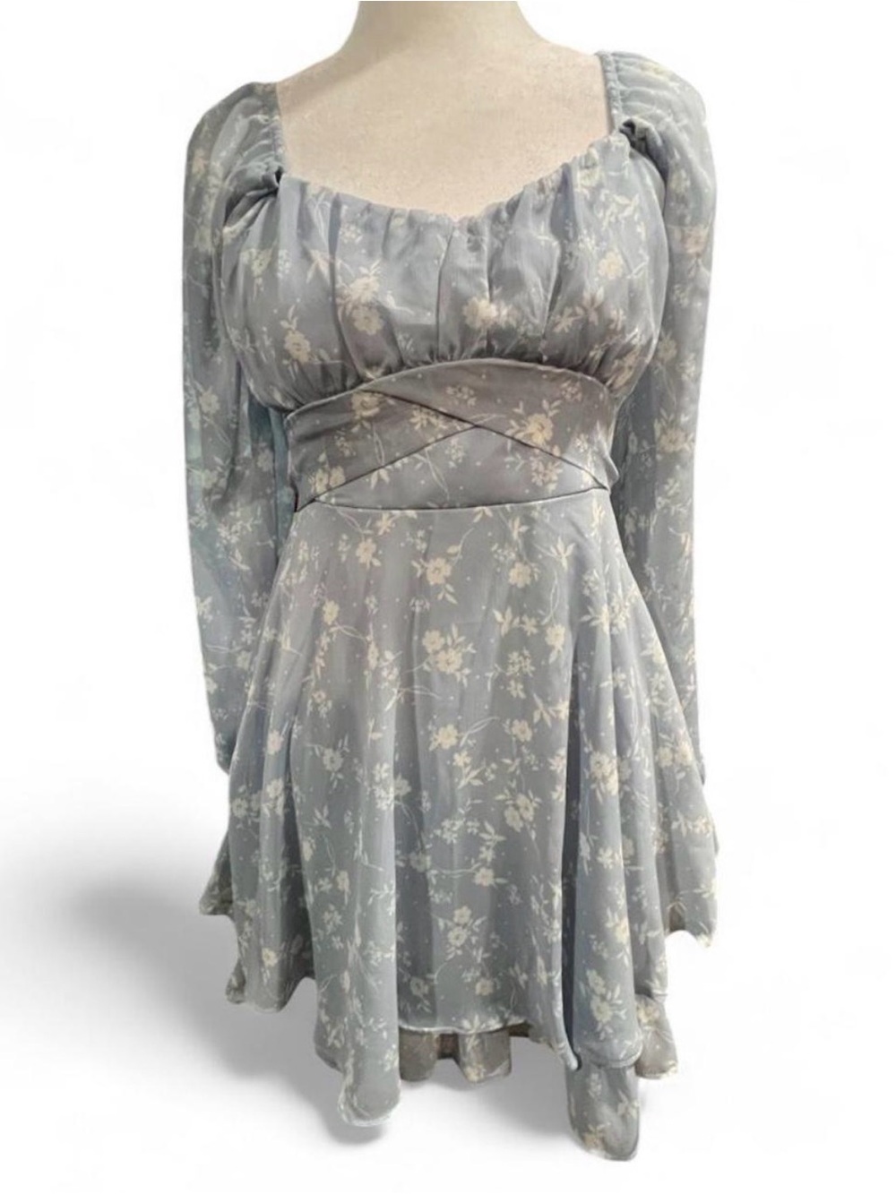 Floral Puff-Sleeve Mini Dress in Light Blue